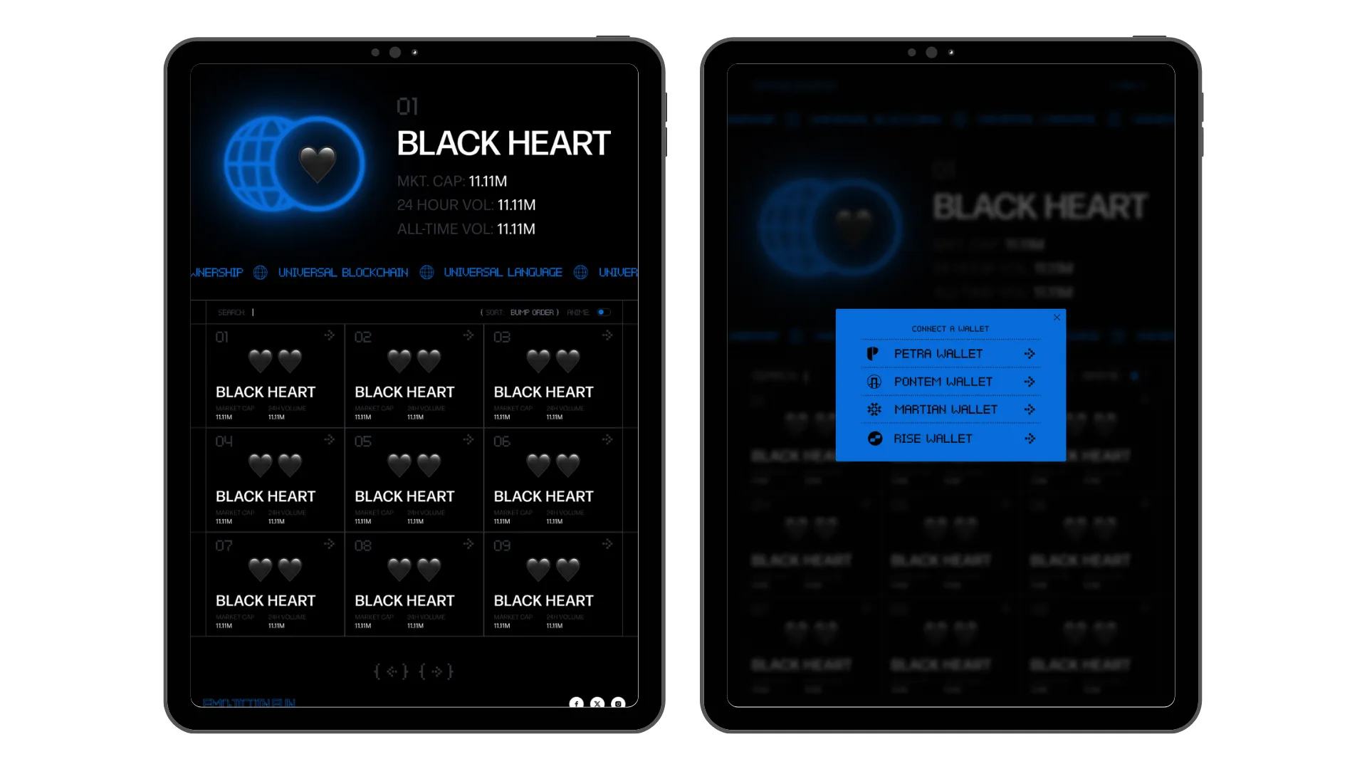 Emojicoin tablet designs: market list and wallet connection
